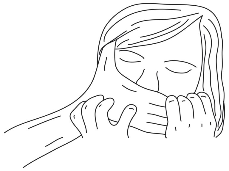 Hand drawn of a woman's mouth was smothered. Illustration of female violence concept